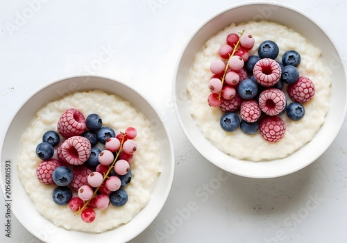 Two delightful bowls brimming with creamy porridge, generously adorned with a vibrant assortment of fresh blueberries, plump raspberries, and glistening red currants, creating a wholesome