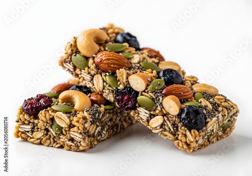 Two wholesome, nutrient-dense cereal bars crafted with rolled oats, an assortment of nuts like almonds and cashews, seeds such as pumpkin and chia, and dried berries, visually presented