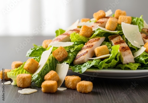 Freshly prepared Caesar salad overflowing with grilled chicken strips, crunchy croutons, and shavings of Parmesan cheese provides a vibrant and delicious meal option perfect for dine-in