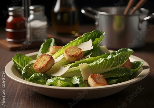 A delicious bowl brimming with crisp romaine lettuce, topped with shaved Parmesan cheese and golden toasted croutons, ready for a mouthwatering culinary experience in a dimly lit, sophisticated