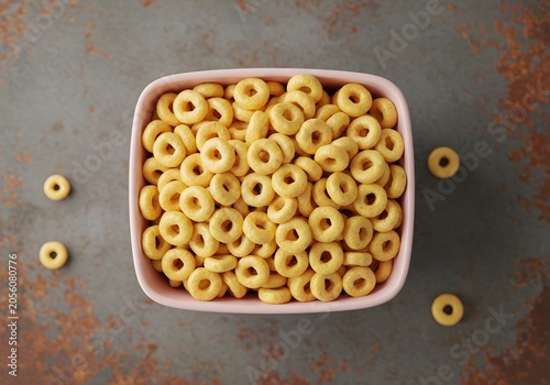 Overhead photograph captures a textured bowl brimming with golden, crunchy oat cereal rings, interspersed with a few scattered pieces on a weathered, rustic surface, evoking a sense of wholesome