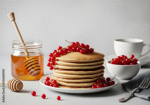 A delightful stack of fluffy golden pancakes, artfully adorned with vibrant fresh red currants and served alongside a sweet jar of rich amber honey and a steaming cup of beverage