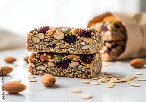Wholesome energy bars packed with nuts, seeds, and dried fruit, presented in a natural lighting setting for a satisfying healthful snack option