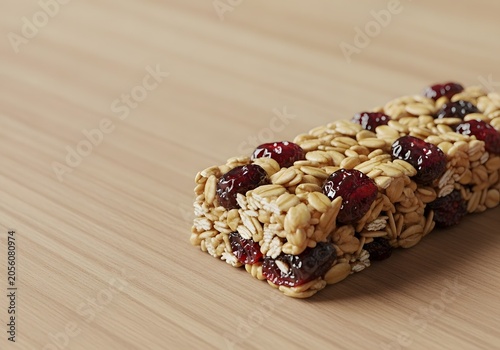 A delicious energy bar crafted with wholesome oats and visible dried cranberries rests invitingly on a textured wooden grain surface, showcasing its natural ingredients for a healthy snack