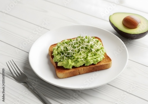 A healthy breakfast delight featuring perfectly mashed avocado spread generously over toasted rye bread, seasoned with fresh sprouts and accompanied by a halved avocado on a white ceramic plate