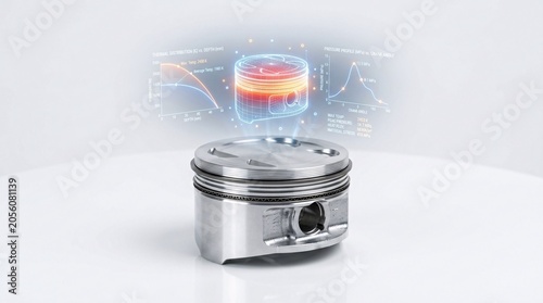 Premium aluminum engine piston head featuring a floating holographic thermal combustion cycle cylinder