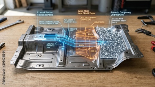 Pressed metal floor pan heat shield plate on workbench with an interactive thermal insulation map matrix