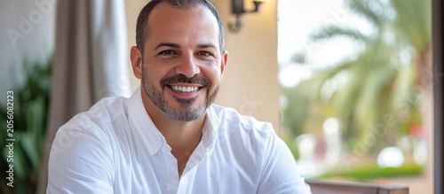 Smiling man in white shirt, cafe setting, blurred background