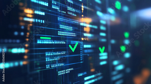 A close-up of a software development environment showing automated test results, with green checkmarks indicating successful tests.