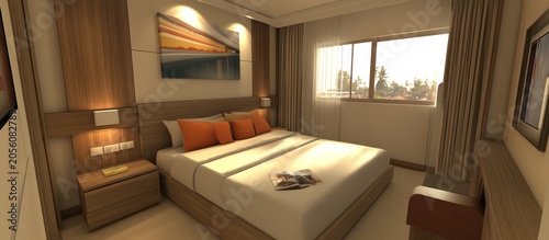 Sunny hotel room, tropical view, wood decor, bed