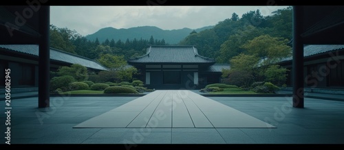 Serene Japanese Temple Courtyard, Mountain backdrop, Meditation Path