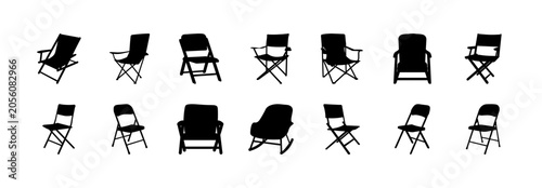 Black folding chairs in various styles - Set of minimalist black folding chairs displayed in different designs for modern interior or event decoration.