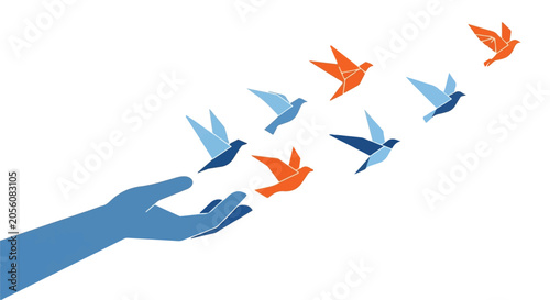 hand releasing colorful birds into freedom