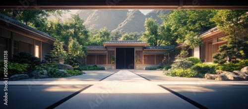 Serene Asian garden courtyard, mountain view, zen design,  peaceful retreat