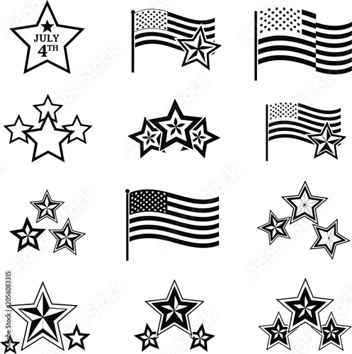 Independence day stars and american flag vector set