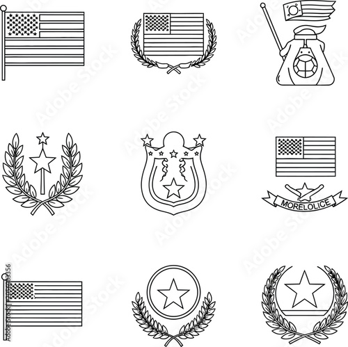 Patriotic us independence day emblems and flag set