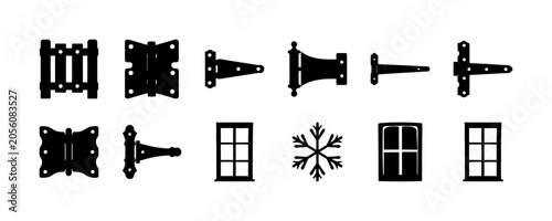 Black flat pack furniture hardware set icons - Minimalist black icons of various types of furniture hardware including hinges, latches, handles, and knobs for flat pack designs.