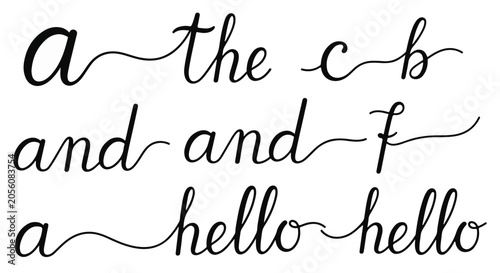 Cursive alphabet letters and hello words on white background