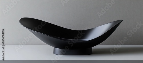 Black sculptural bowl on table, minimalist background, home decor