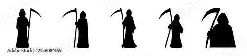 Fotografie Five black silhouette reaper figures standing - Minimalist vector illustration of five black reaper figures with scythes in various poses, ideal for death or Halloween themes