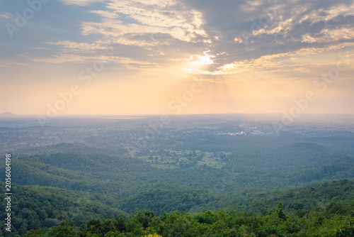 Panoramic Sunrise Over Lush Green Forested Hills in Rajasthan, India