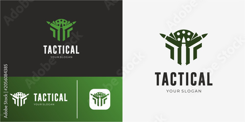 Tactical bullet and gun revolver cylinder logo design template. Military weapon symbol vector illustration.