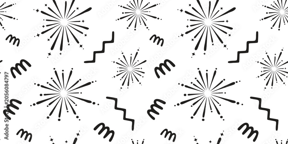 Obraz premium Festive abstract pattern with starburst fireworks and playful squiggle lines on bold red background. Seamless celebratory design perfect for holiday branding packaging and decorative prints. Modern 