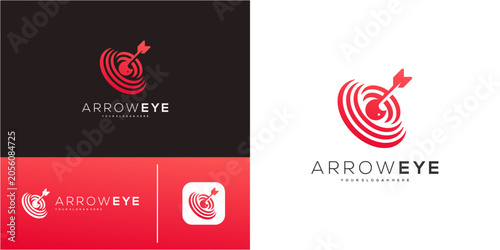 Modern Target Arrow and Eye Logo for Marketing or Analytics Business. Geometric abstract vector icon symbol red gradient.