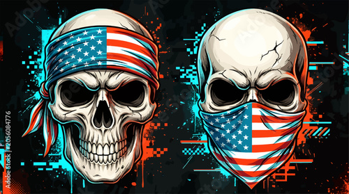 Tablou pe pânză Two Skulls with American Flag Bandana and Mask on Dark Textured Background with