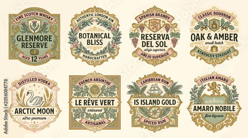 Foto Collection of Vintage Liquor Label Designs in Flat Vector Style, Featuring Whisk