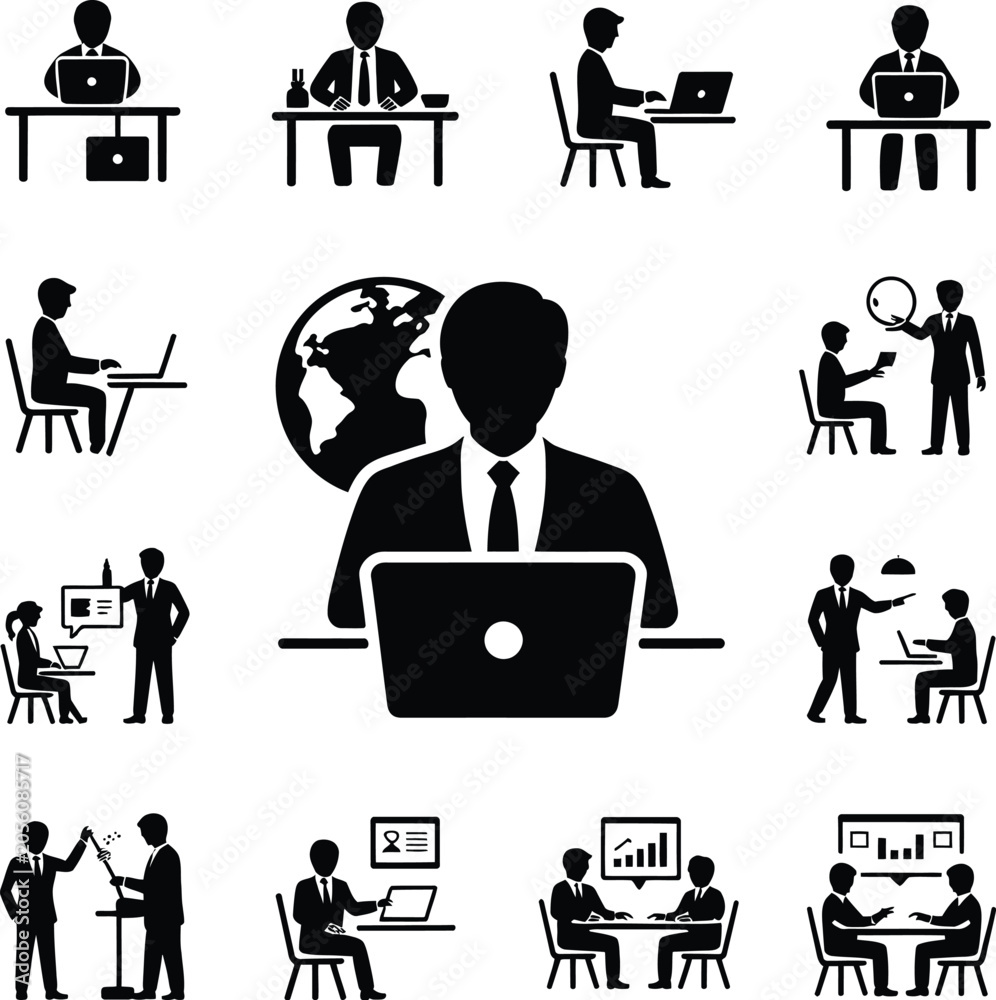 Fototapeta premium Global Business Operations and Professional Office Workspace Vector Icon Set Featuring Remote Freelance Work, Executive Leadership, and Collaborative Corporate Meetings