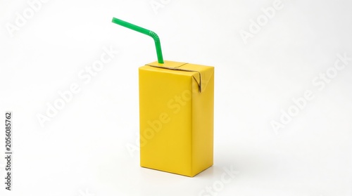 Bright yellow juice box with green straw on white background minimal design
