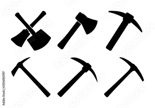 Set of six black mining and pickaxe icons - Simple black mining tools icon set featuring pickaxes and a shovel in a clean, flat design style for stock use.