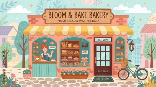 Obraz na płótnie Charming storefront of a small bakery with baked goods displayed