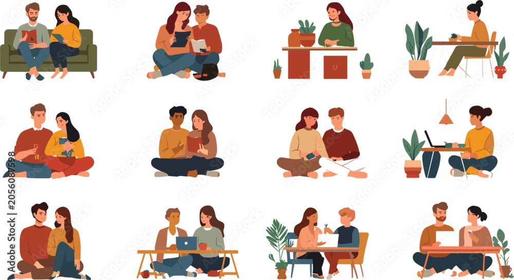Fototapeta premium Young Couples and Freelancers Flat Character Vector Set Studying, Working on Laptops, Reading Books, and Drinking Coffee in Cozy Home and Cafe Settings
