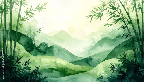 Japanese abstract background with green bamboo forest and watercolor wave curves