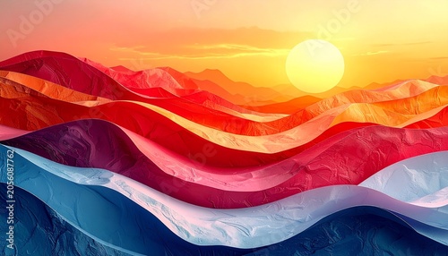 Abstract sunset landscape background with vivid orange, red, purple and blue gradient mountain waves and full sun