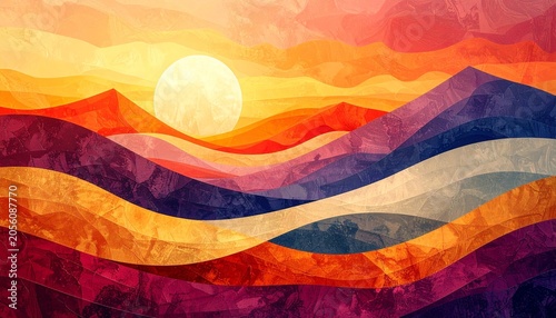 Abstract sunset landscape background with vivid orange, red, purple and blue gradient mountain waves and full sun