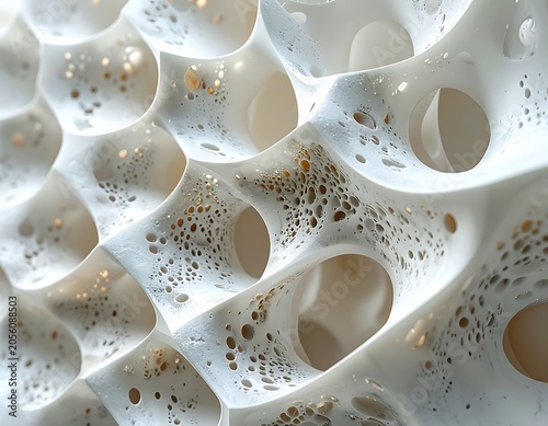 A white surface with rounded holes and gold flecks