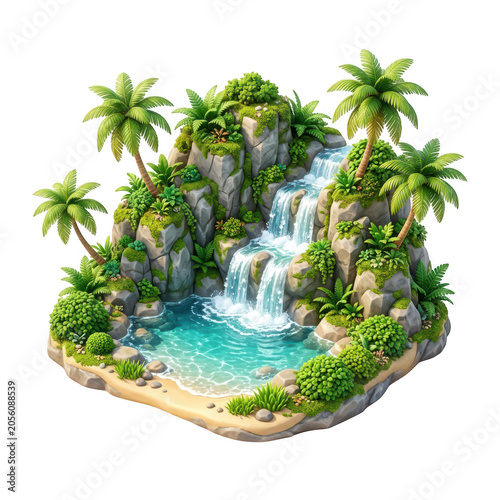 3D render of a tropical waterfall oasis isolated on transparent background