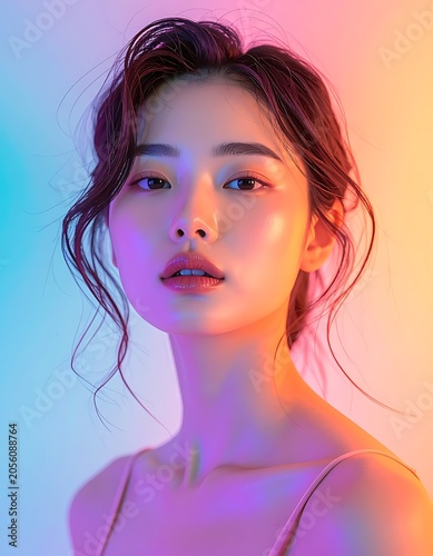 A young woman with a neutral expression, colorful lighting
