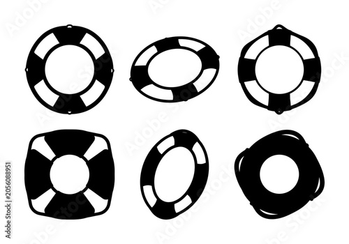 Five black and white life buoy icons - Simple set of five life buoy icons in black and white, clean vector style for safety and rescue illustrations.