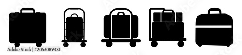 Photography Five different luggage types on carts - Black silhouette icons of five luggage types on airport-style carts, ready for travel