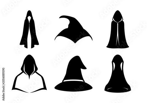 Tableau sur toile Black fantasy hooded cloaks and hats vector set - Six stylish black fantasy cloaks and hats in a clean vector format, perfect for magic, fantasy, or costume designs