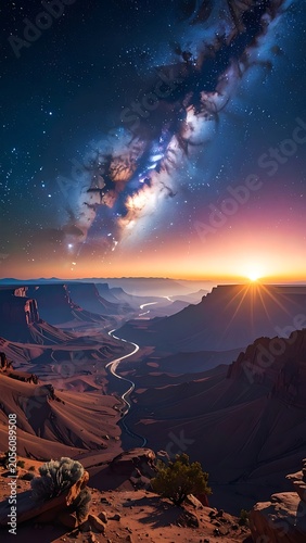 Vibrant sunset over canyon with river and stars