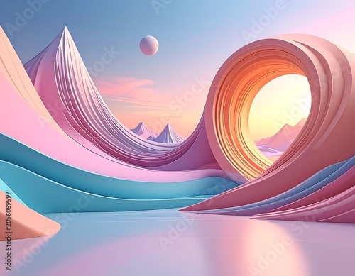 Vibrant surreal landscape with pastel-colored abstract shapes