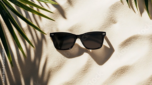 Stylish eyewear on sand under palm tree shadows
