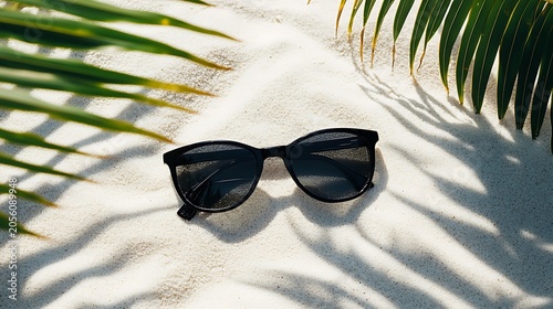 Beach essentials with sunglasses on white sand