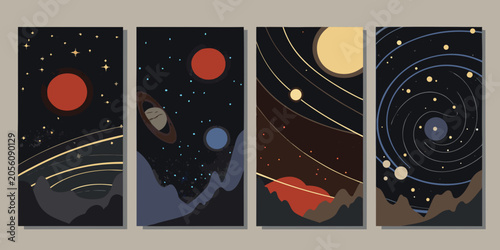 Fotografie Retro Space Exploration Posters Four Vector Illustrations With Celestial Bodies