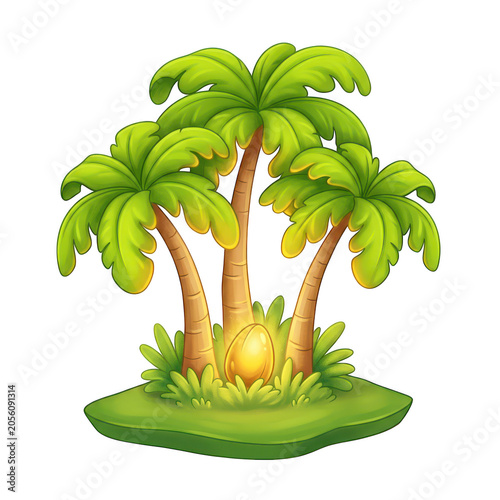Tropical island with palm trees and golden egg illustration on transparent background